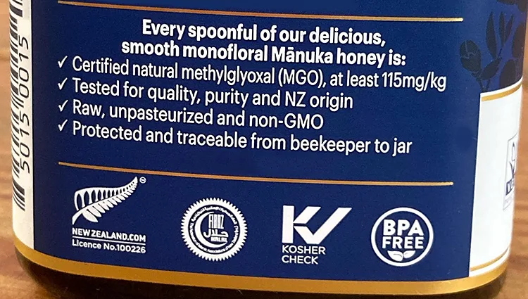 food certification labels on a mānuka honey bottle